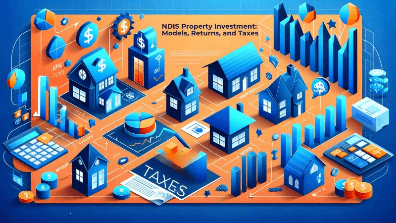 infographic showing NDIS Property Investment including Models, Returns, and Taxes